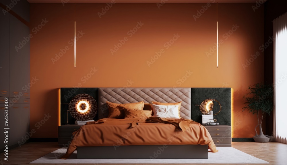Modern orange bedroom interior photo in minimalist style with lighting, Generative AI
