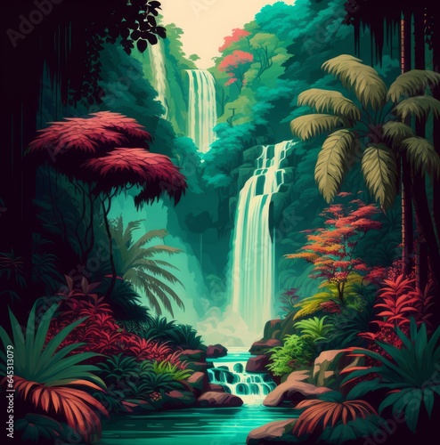 Drawing a landscape of a waterfall in the tropical forests with its trees, palms and plants in bright, romantic colors, Generative AI