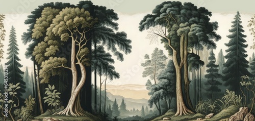 Wallpaper painted in vintage colors  a landscape pattern of the ancient European forests of trees  Generative AI