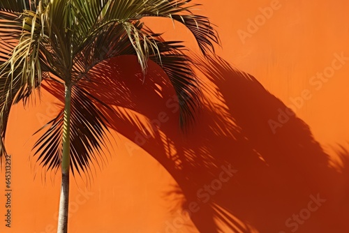 Palm tree shadow on the orange wall under the bright sun.