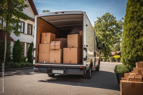 A truck filled with boxes and moving furniture. House moving, moving service, and moves. © Creative Clicks