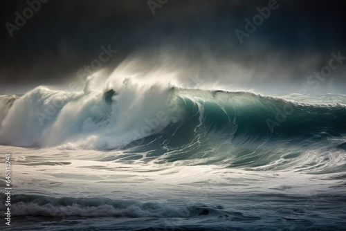 Waves curving and breaking during the cyclone Wave with stormy sky.