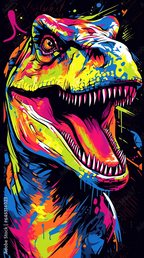 Obraz premium Pintura em tela de pôster de graffiti abstrato, dinosauro pop art retrato impressão de pôster, arte de parede