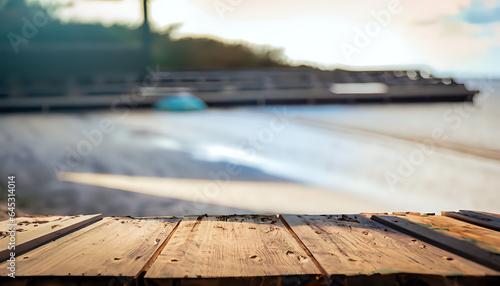 Table made of aged wood, a coastal treasure, commanding attention with a dreamy beach café scene blurred into bokeh enchantment, table, sky, water, floor, Ai generative