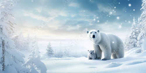Cute polar bears in a snowy scene, with an area for your seasonal message. 