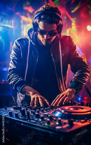 Disc jockey at the turntable at nightclub during party