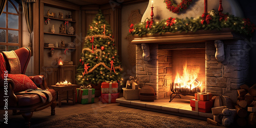 A warm living room with a lit fireplace, adorned with stockings and ornaments