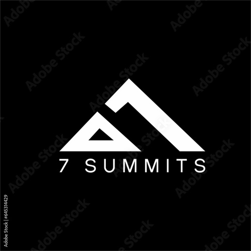 Seven summits logo design. Illustration of the number 7 with a triangle as a symbol of a mountain peak.