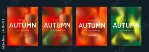 Trendy Autumn Liquid Orange, Green Color. Autumn Season Sale Offer 50% in Shop. Set Template Patterns for Social Media Posts, Mobile Apps, Cards, Invitations and Banner Design. Vector illustration.