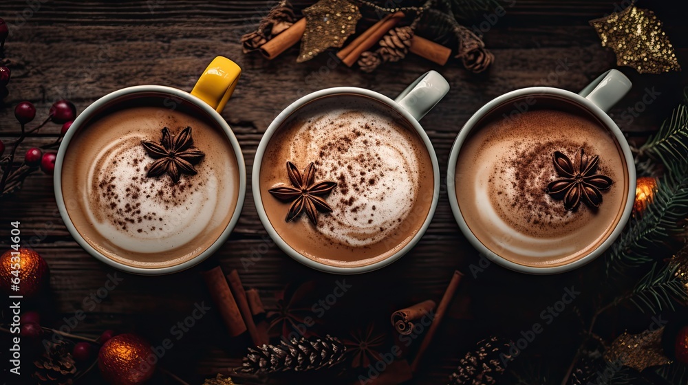A series of warm winter beverages like cocoa, coffee, and tea surrounded by festive mugs and spices on a dark wood surface A series of warm winter beverages like cocoa, coffee, and tea surrounded by festive mugs and spices on a dark wood surface