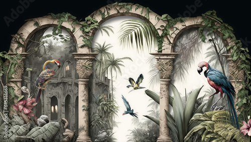landscape classic ruins tropical wall arch palm trees, birds flamingo and parrot in the forest land escape with flying butterflies, Generative AI © Rajiv
