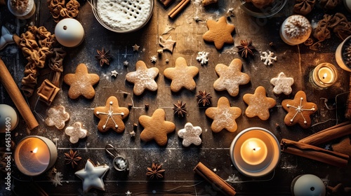 Homemade gingerbread cookies in various shapes alongside baking tools and ingredients on a kitchen counter