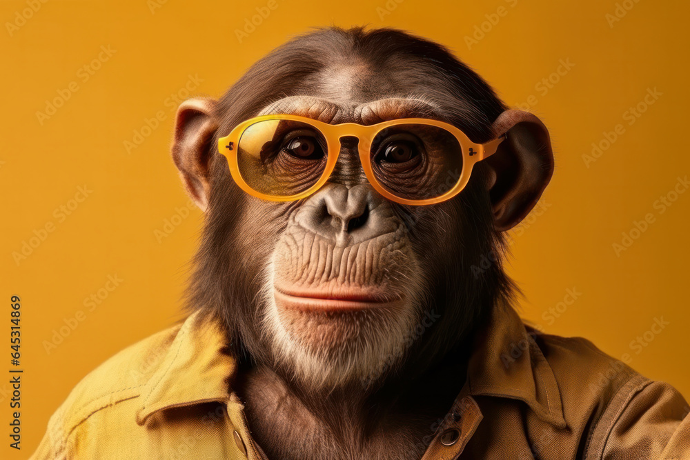 Humorous and playful, this monkey in glasses and a polka dot tie is sure to bring a smile to your face. Close-up portrait on a yellow background. AI Generative. Humorous and playful, this monkey in glasses and a polka dot tie is sure to bring a smile to your face. Close-up portrait on a yellow background. AI Generative.