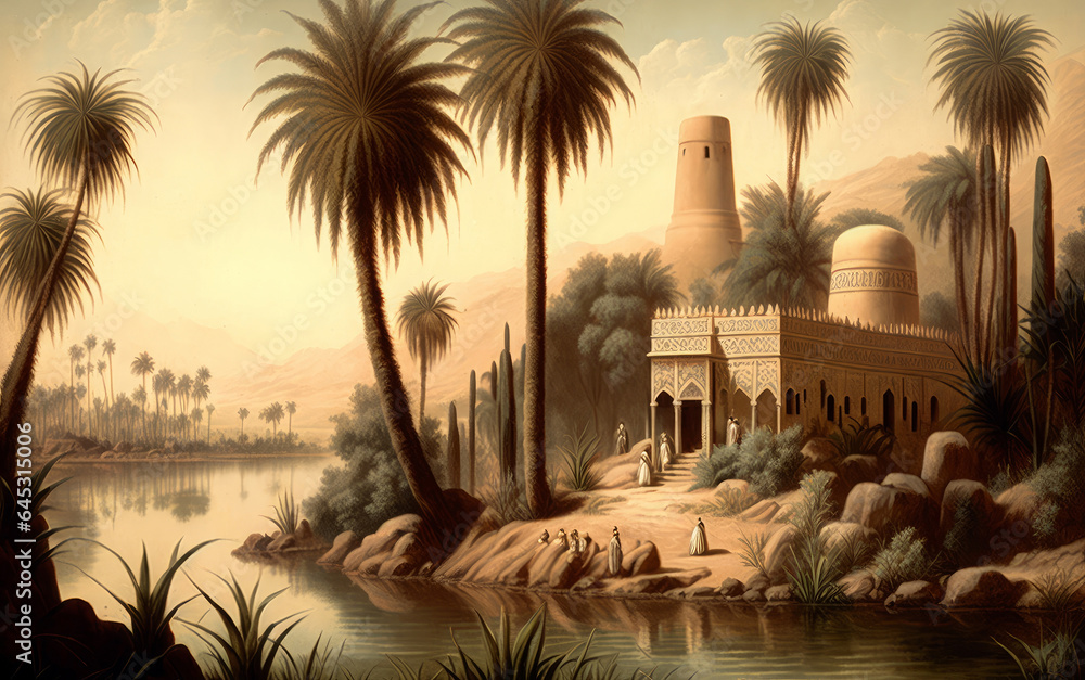Vintage wallpaper - digital landscape painting of palms and trees on the banks of the Nile in ancient Egypt with temples, Generative AI