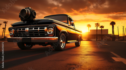Vintage car with camera on hood in desert sunset, generated art
