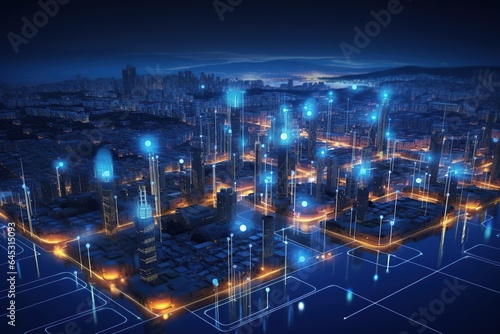 Wallpaper Mural Smart city and big data connection technology, abstract line connection on night city background, communication network concept, Data storage, service, online, financial, Connectivity global Torontodigital.ca