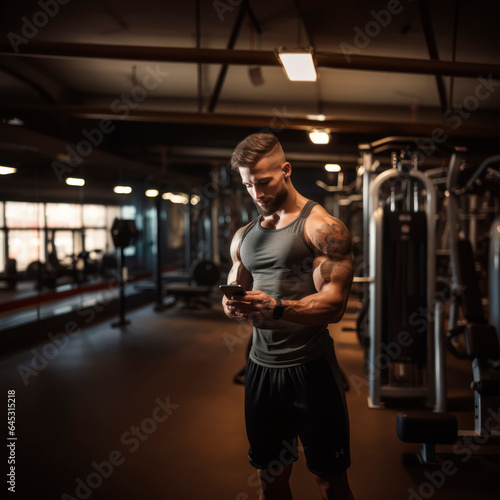 muscular boy in the gym talking on the cell phone