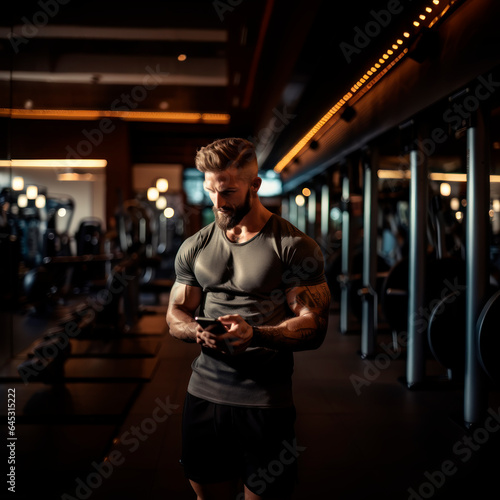 muscular boy in the gym talking on the cell phone