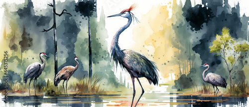 Watercolor digital painting of a Crane amidst lakes in the forest with bright colors, Generative AI