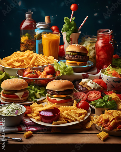 American food and drinks on table with flag background, Generated Art