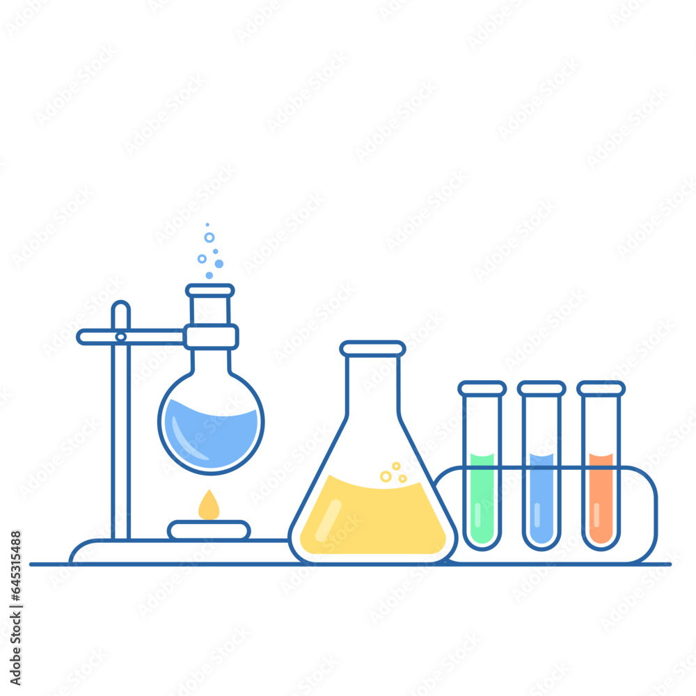 Round and flatbottomed flasks, test tubes with solutions and reagents. Chemical reaction