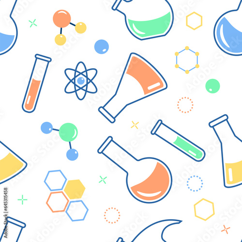 Seamless pattern on the topic of chemistry with flasks, test tubes, molecules