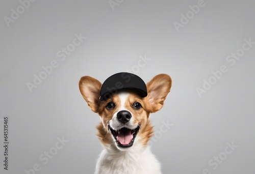 A cute puppy in a cap looks into the frame for your advertising. On a light background