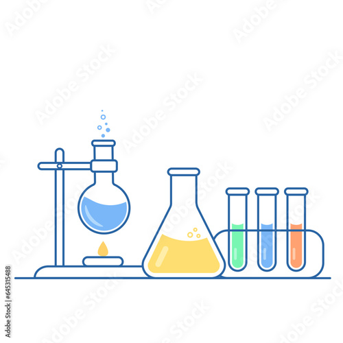 Round and flat-bottomed flasks, test tubes with solutions and reagents. Chemical reaction. Illustration on the topic of chemistry, biotechnology, biology.