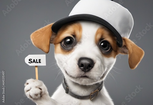 Cute puppy dog in a cap holds with paws on sign with text Sale, on white background
