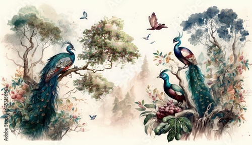 watercolor painting digital art high quality, of a forest landscape with peacock birds, butterflies and trees, Generative AI © Rajiv