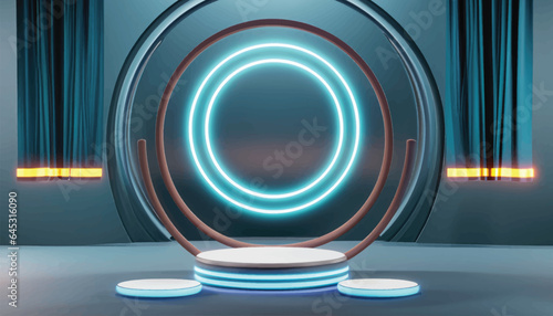 Vector Realistic cylinder pedestal podium in Sci-fi abstract room with illuminate circle neon lamp and shiny glitter in window. product display. Futuristic minimal scene high resolution.