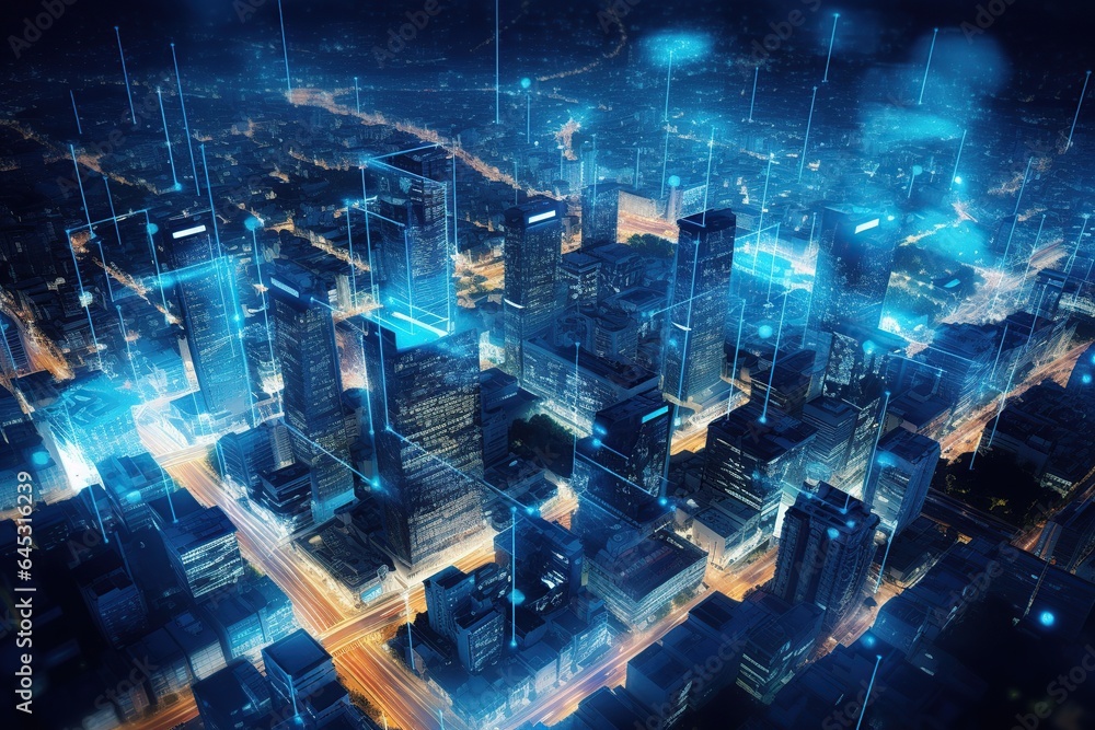 Smart city and big data connection technology, abstract line connection on night city background, communication network concept, Data storage, service, online, financial, Connectivity global - obrazy, fototapety, plakaty 
