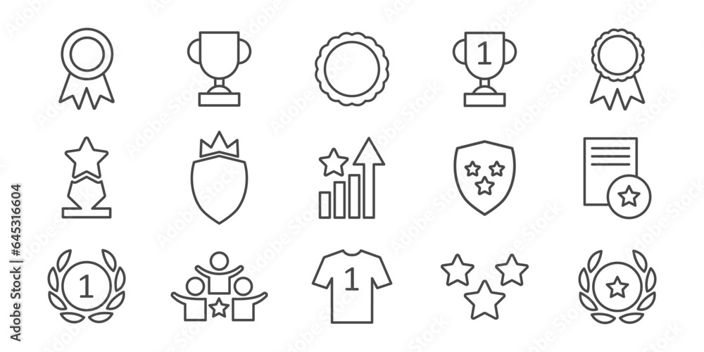 Set with award, award with number 1, one, trophy cup, trophy cup with star winner medal, trophy star, user with rating vector line icon Set with award, award with number 1, one, trophy cup, trophy cup with star winner medal, trophy star, user with rating vector line icon