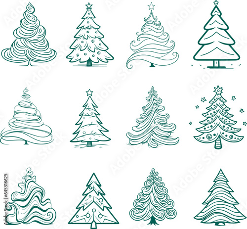 Set of stylized Christmas trees in vector , isolated on white background