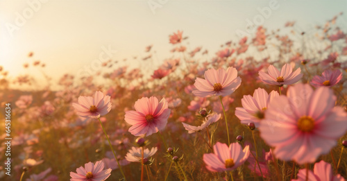 Fototapeta Naklejka Na Ścianę i Meble -  pink flower beautiful nature outdoor violet sunset blooming meadow background field. Generative AI.