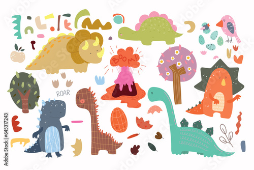 Cute collection with dino, plants, geometry figure, eggs. Kids pattern with animal. Vector illustration. 
