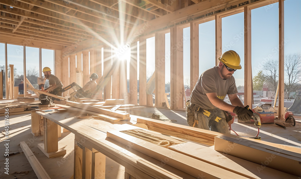 Workers diligently installing doors and windows in a new residential building Workers diligently installing doors and windows in a new residential building