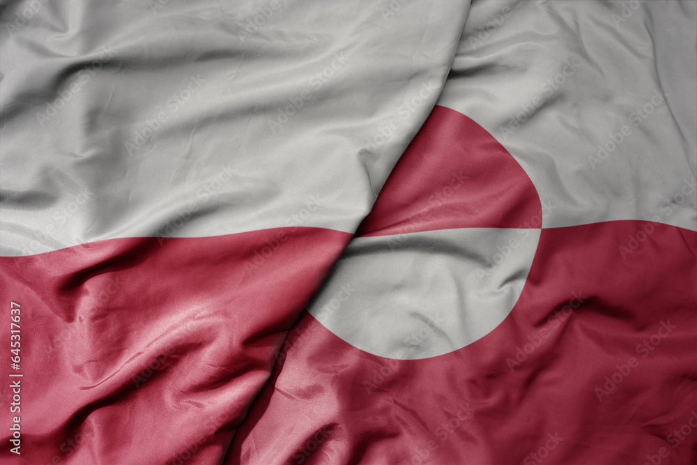 big waving national colorful flag of poland and national flag of greenland . big waving national colorful flag of poland and national flag of greenland .