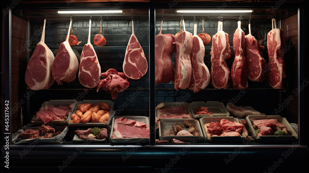 Showcase with raw meat in a butcher shop