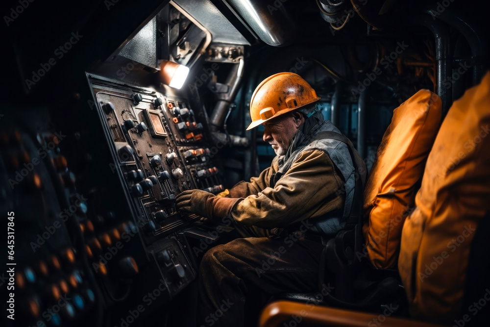 Photo of a hardworking man in a hard hat operating a control panel in a mining environment