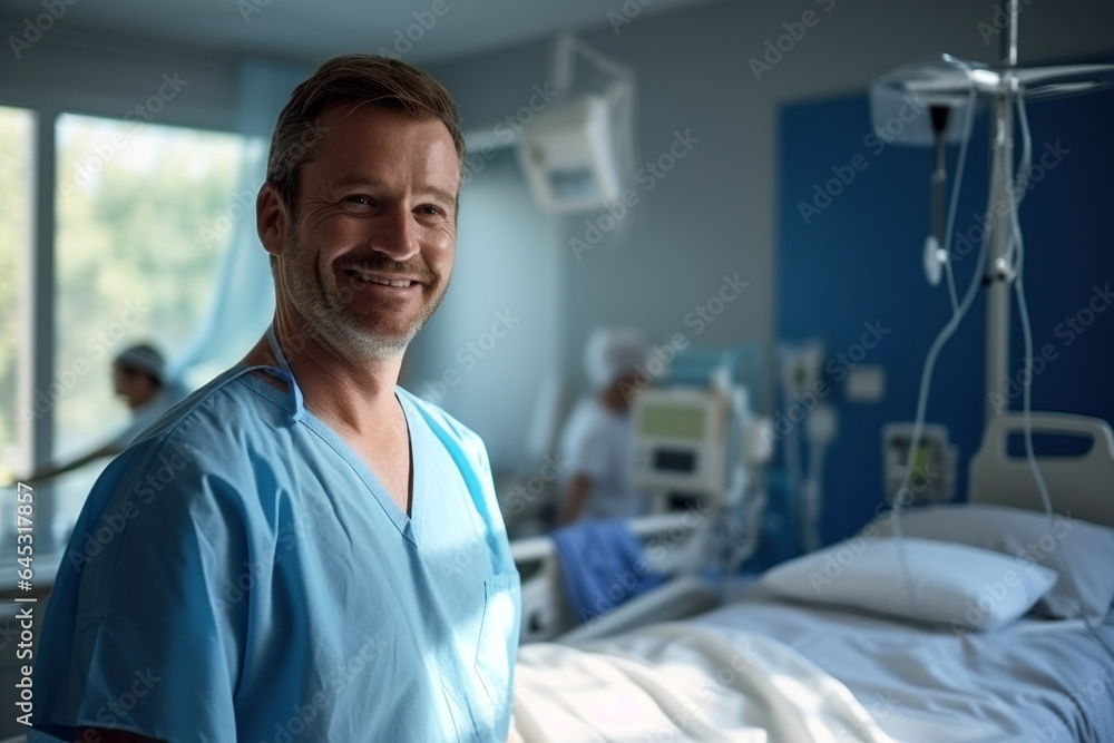 Fototapeta premium Photo of a man standing in a hospital room next to a bed