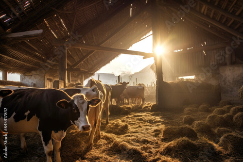 cowshed, several animals, cowshed illuminated by the morning sun, lots of clean hay, agriculture