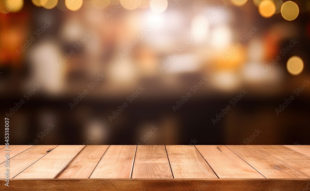 Vintage vibes. Empty wooden table in city. Night time book. Retro restaurant setting. Darkwood dreams. Modern cafe