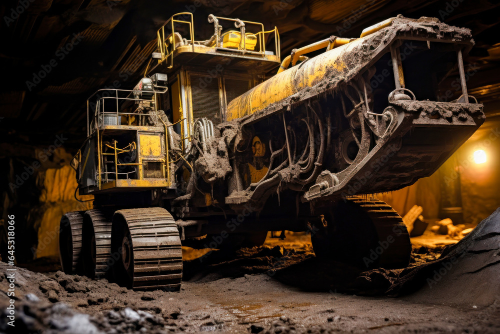 A yellow and black bulldozer at work in a coal mine