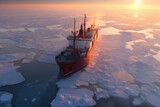 arctic ocean icebreaker leads a caravan of ships through frozen ice, polar morning dawn
