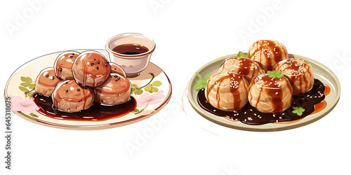 Shiratama Dango with sweet soy sauce filled plate transparent background photo