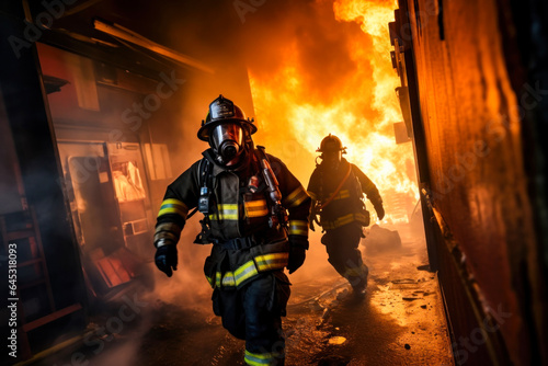 Photo of two firefighters walking away from a blazing fire