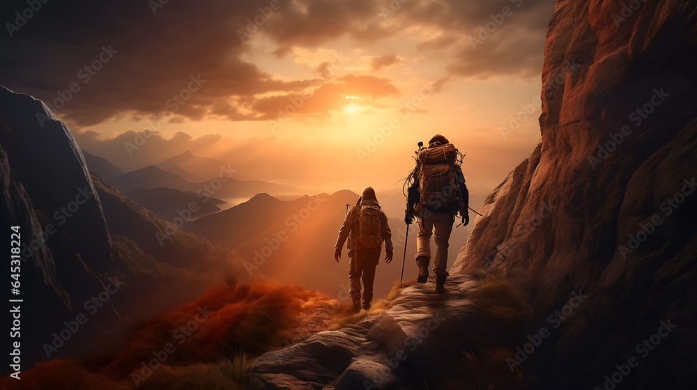 hiker friends to reach the top of the mountain in sunrise Golden hour background - Fictional Character - Generative Ai