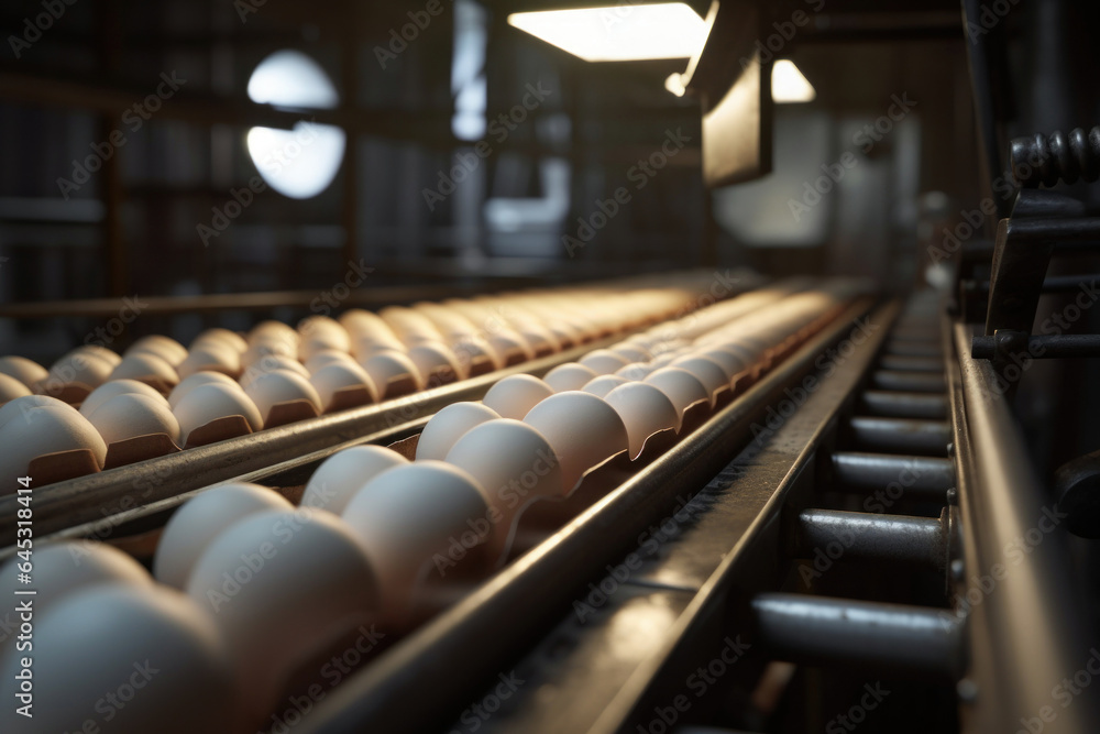 conveyor with chicken eggs, poultry farm production of chicken eggs