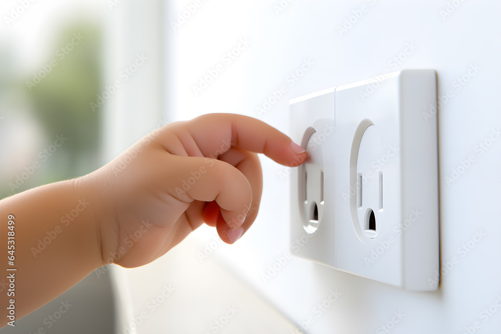 Child's hand. Finger poking at the electrical plug. Danger from electric shock. The insecurity, the carelessness, the innocence of a baby. Child's hand. Finger poking at the electrical plug. Danger from electric shock. The insecurity, the carelessness, the innocence of a baby.